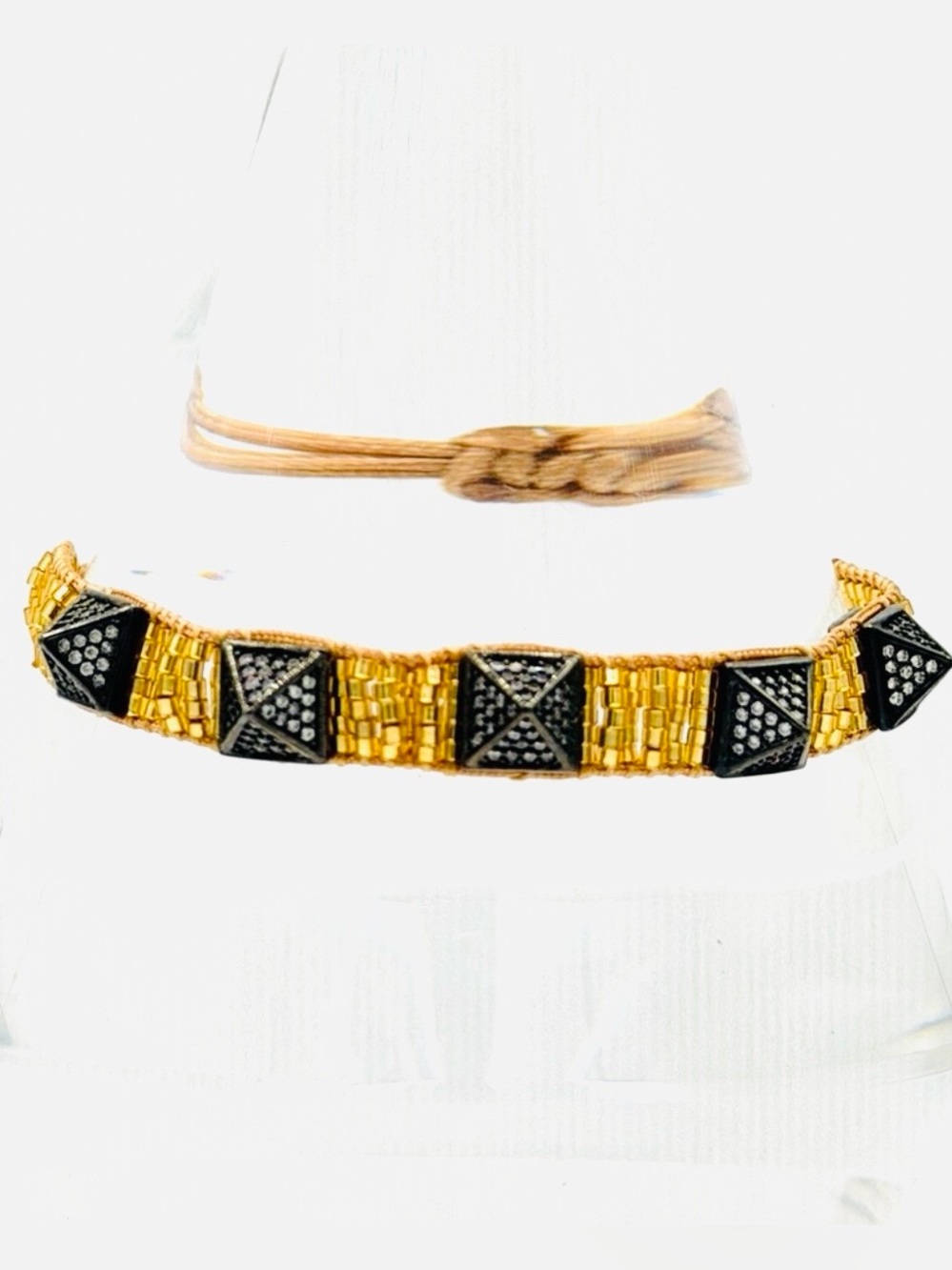 Black Crystal Pyramid & Gold Seed Bead Cord Adjustable Bracelet Women’s Jewelry